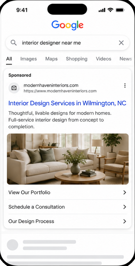 Sponsored search ad for an interior design business shown on a smartphone