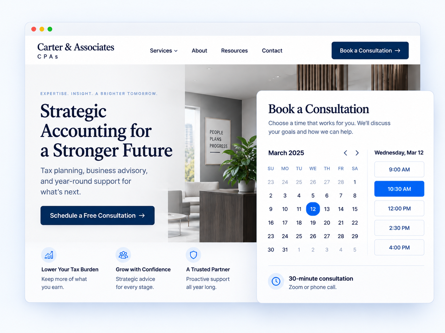 Landing page with booking scheduler selecting a consultation time